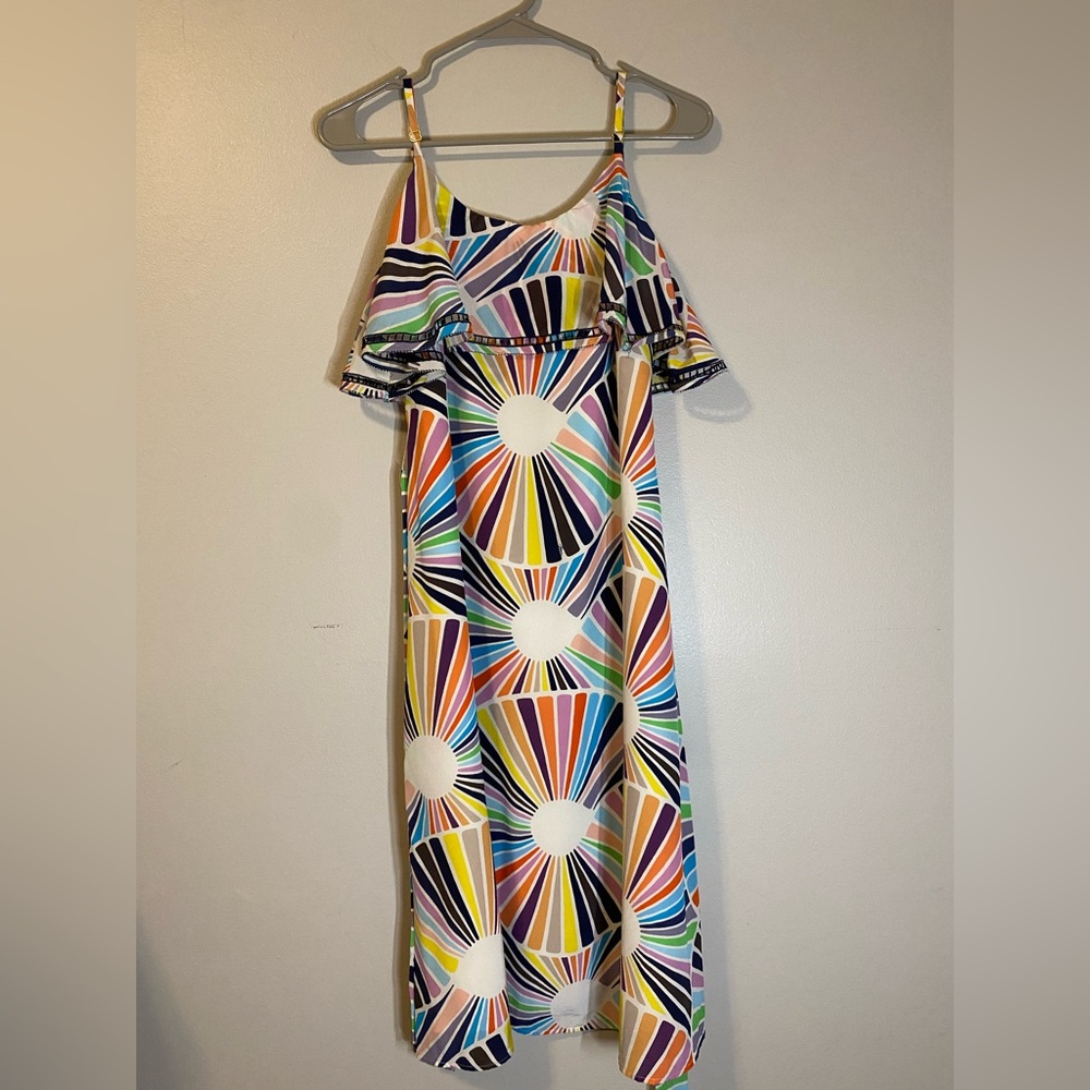 Trina Turk 100% Silk Cold Shoulder Ruffle Midi Dress Sunburst Print Size 8
